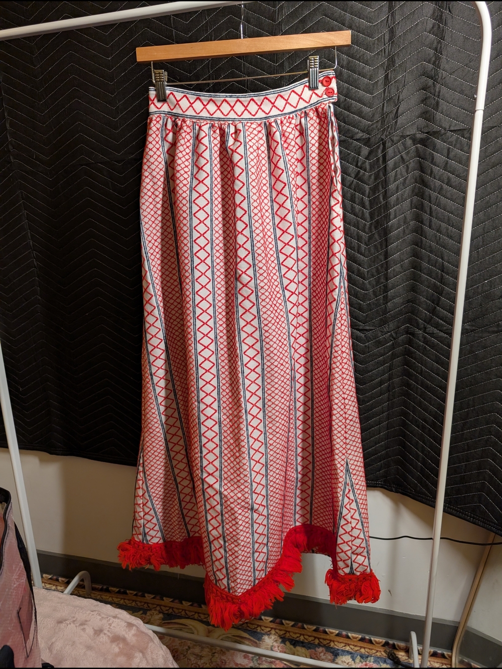Vintage 70s Red and White Patterned Maxi Skirt with Fringe